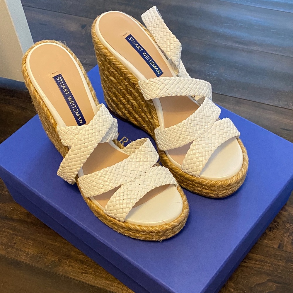 Stuart Weitzman Cream and Tan Wedge Sandals